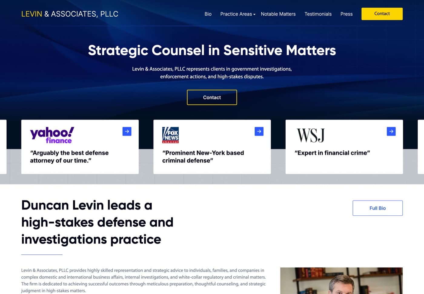 Levin and Associates website showing its navy design, press coverage, and attorney introduction