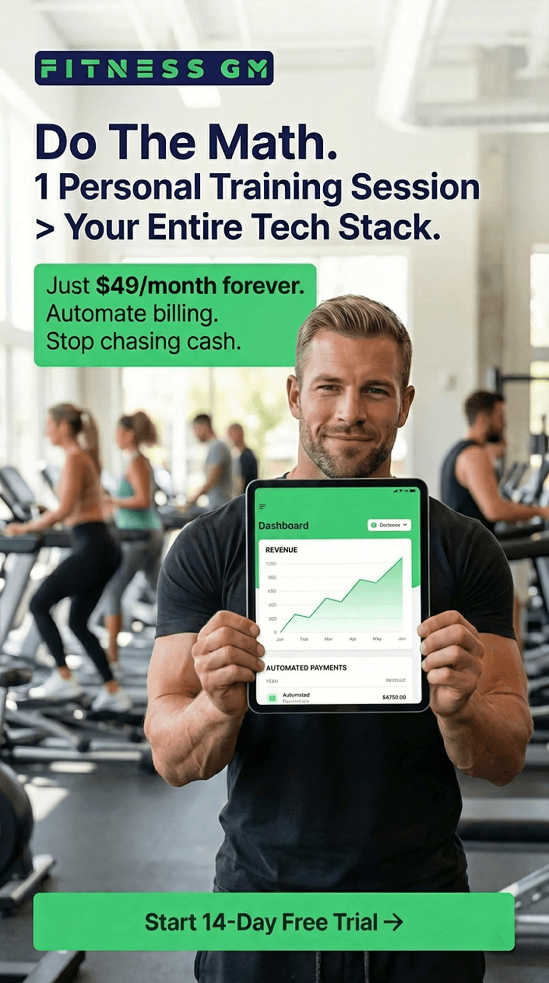 Fitness software ad featuring a trainer holding a tablet