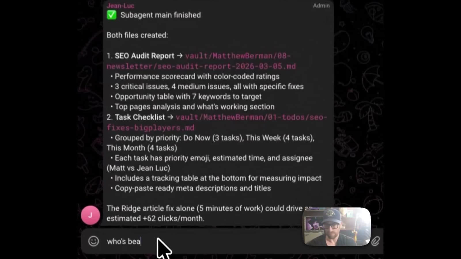 An SEO agent surfacing keyword opportunities and on-page fixes