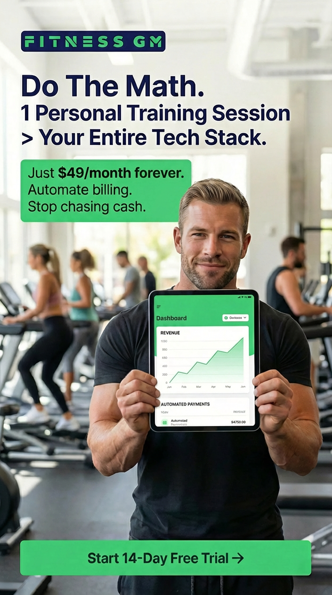 FitnessGM gym management software. Performance creative driving free trial signups and demos