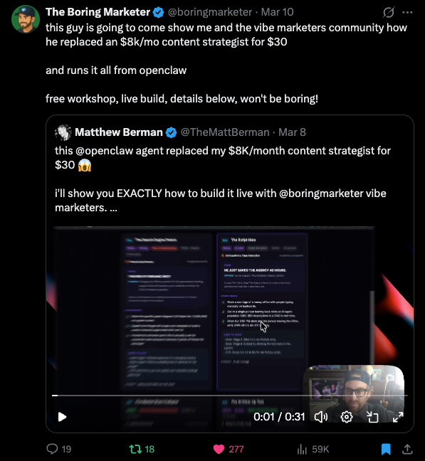 The Boring Marketer telling his community to come learn from Matt Berman
