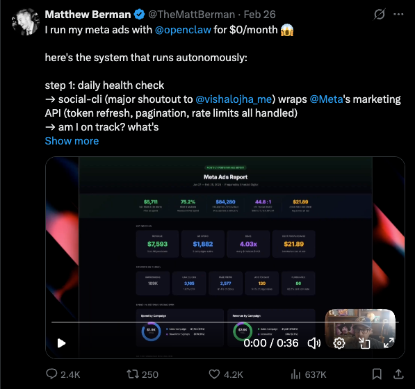 Matt Berman X post giving away a full Meta Ads automation system