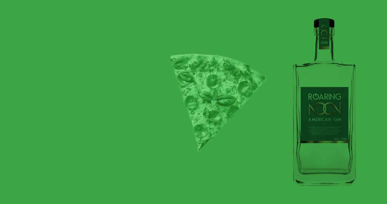pizza and roaring noon a green background